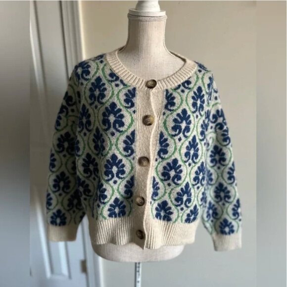Anthropologie Maeve Floral Pop Graphic Intarsia Cardigan Sweater size M - Picture 3 of 10